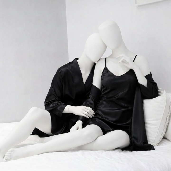 Premium Satin Silk Couple Gown Set (3 Pcs) – Elegant Matching Nightwear for Men & Women | Free Size |