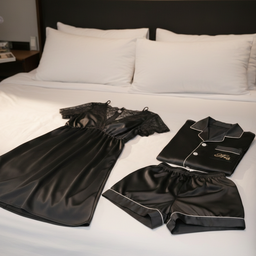 Couple Night Suit / Sleepwear Set – Stylish Nightdress & Pajama Shorts | SKU DC-C003 | Black (3 Pcs)