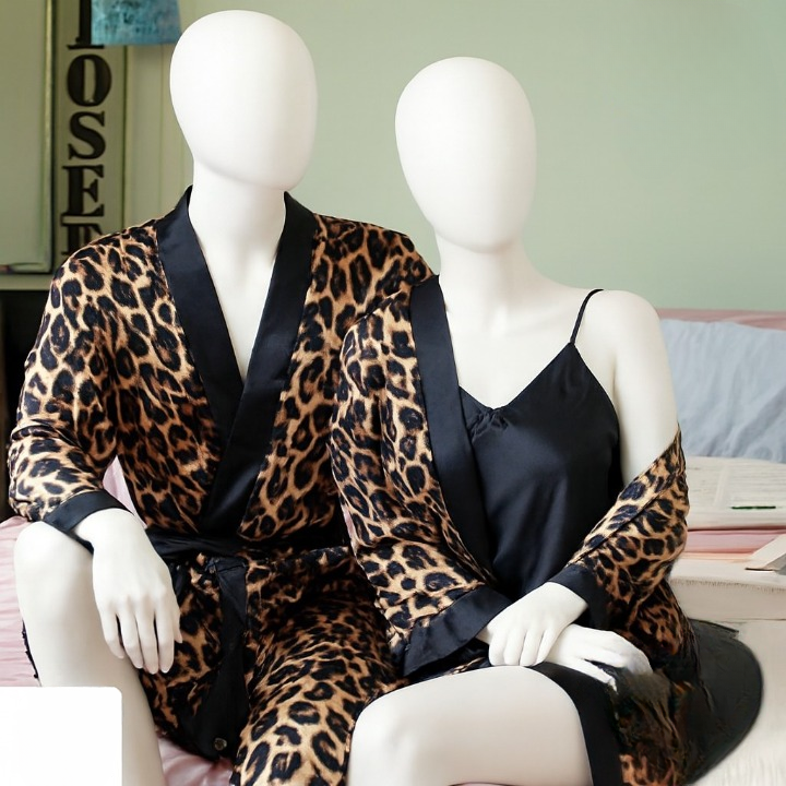 Couple Leopard Print & Black Satin Sleepwear Set – 4 Pcs Robe & Nightdress Set (DC-1021)