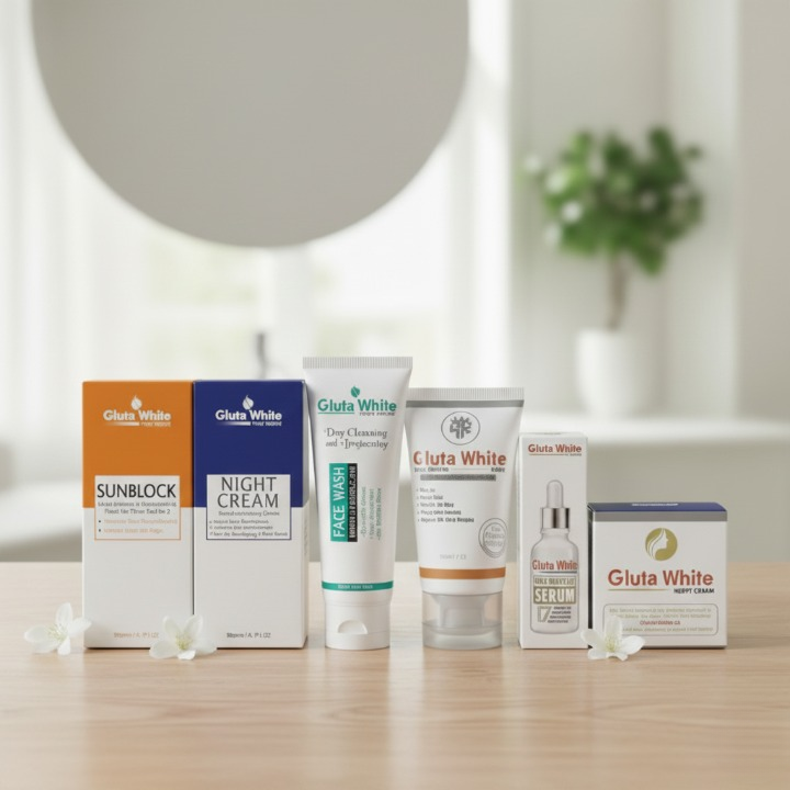 6 In 1 Gluta White Complete Skincare Set With Sunblock Night Cream Face Wash Day Cream Serum And Bright Cream