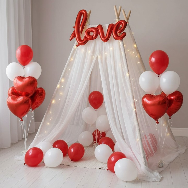 32 Pcs Romantic Tent Decoration Set With Red & White Balloons, Foil Heart, LED Lights & White Curtain Backdrop For Bedroom