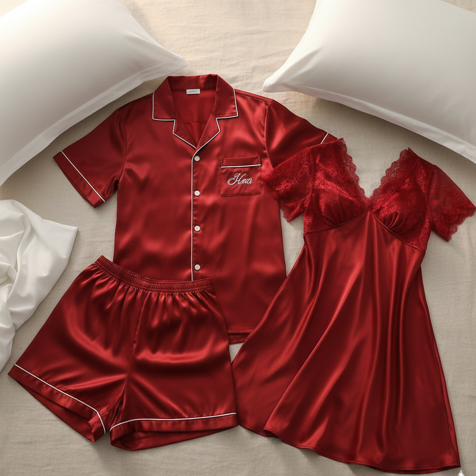 Couple Night Suit / Sleepwear Set – Stylish Nightdress & Pajama Shorts | SKU DC-C003 | Black (3 Pcs)