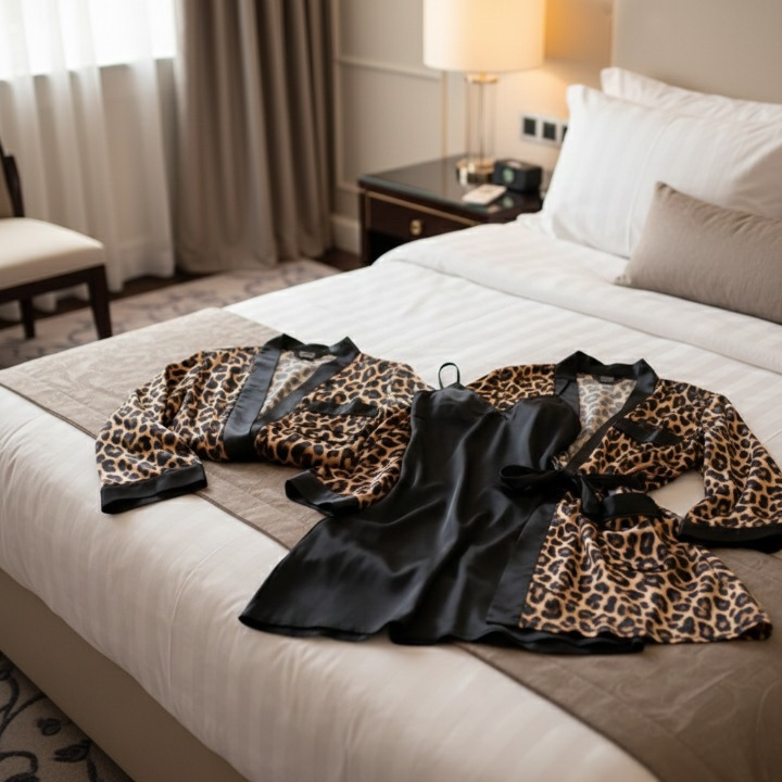 Couple Leopard Print & Black Satin Sleepwear Set – 4 Pcs Robe & Nightdress Set (DC-1021)