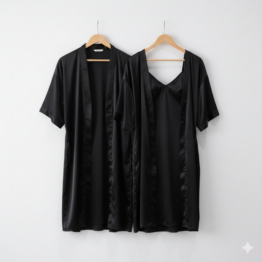 Premium Satin Silk Couple Gown Set (3 Pcs) – Elegant Matching Nightwear for Men & Women | Free Size |