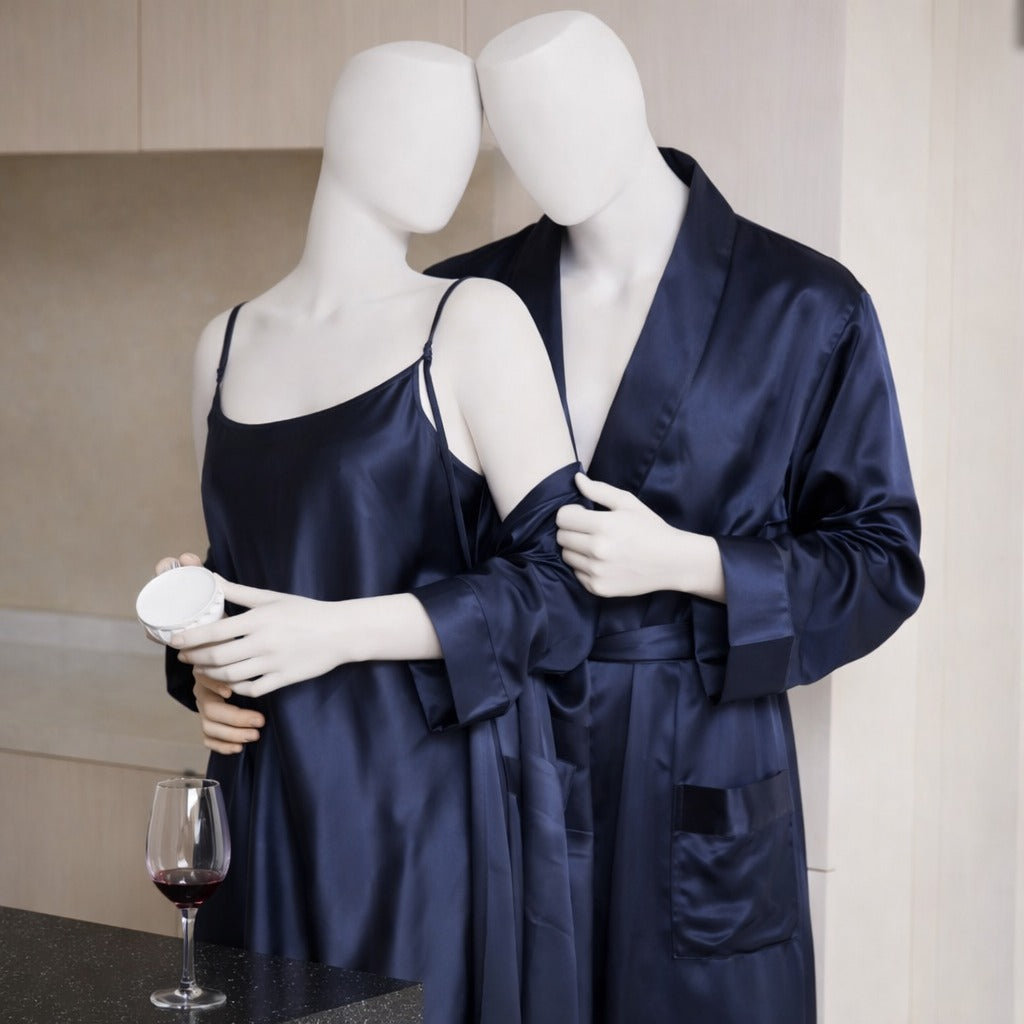 Premium Satin Silk Couple Gown Set (3 Pcs) – Elegant Matching Nightwear for Men & Women | Free Size |