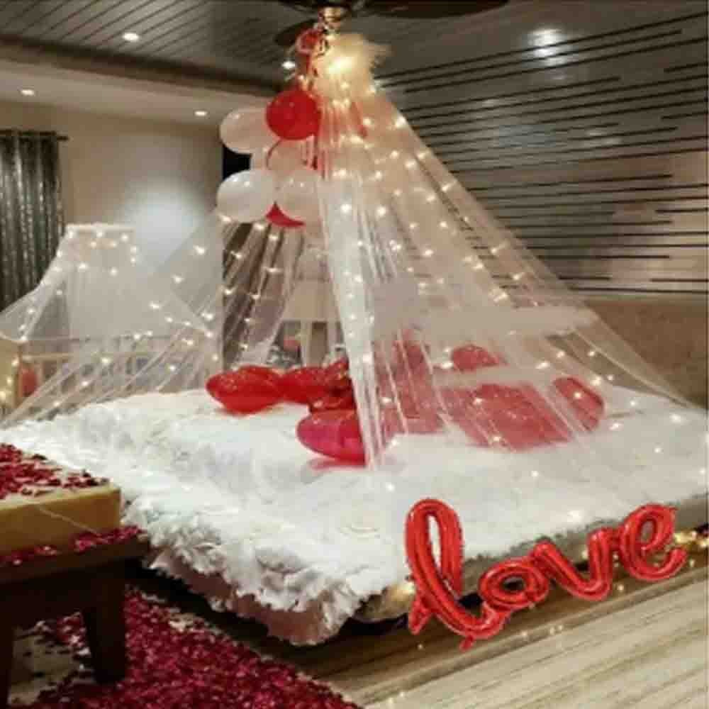 32 Pcs Romantic Tent Decoration Set With Red & White Balloons, Foil Heart, LED Lights & White Curtain Backdrop For Bedroom