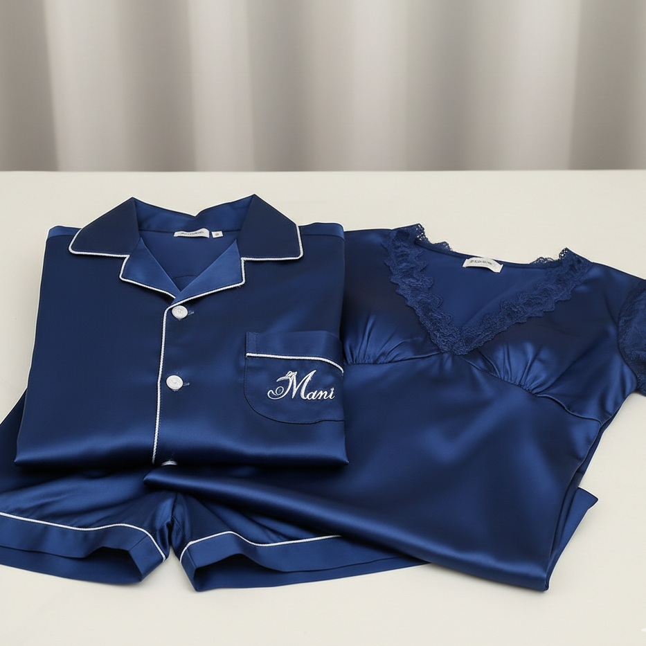 Couple Night Suit / Sleepwear Set – Stylish Nightdress & Pajama Shorts | SKU DC-C003 | Black (3 Pcs)