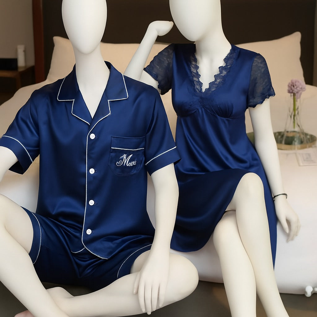 Couple Night Suit / Sleepwear Set – Stylish Nightdress & Pajama Shorts | SKU DC-C003 | Black (3 Pcs)