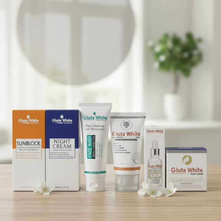 6 In 1 Gluta White Complete Skincare Set With Sunblock Night Cream Face Wash Day Cream Serum And Bright Cream