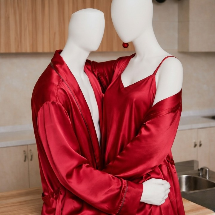 Premium Satin Silk Couple Gown Set (3 Pcs) – Elegant Matching Nightwear for Men & Women | Free Size |